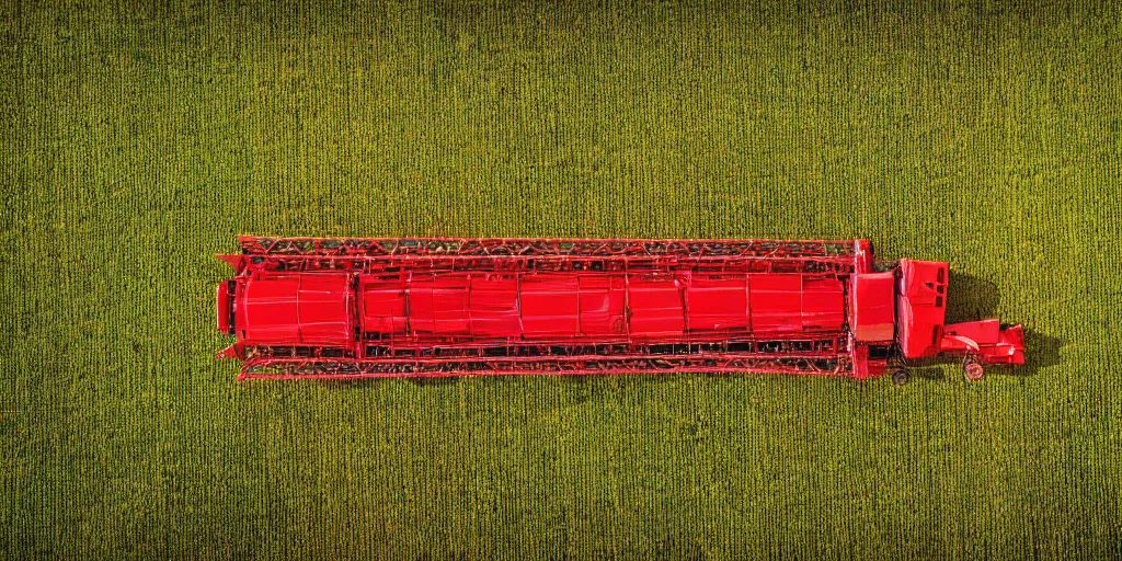 Image similar to A giant red harvester working in the corn field, aerial view, photo realistic image, 4K, super detailed, golden hour look