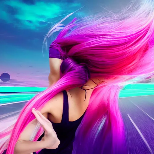 Image similar to a award winning full body shot of a beautiful woman in a croptop with a ombre purple pink teal hairstyle with head in motion and hair flying, outrun, vaporware, vivid colors, highly detailed, fine detail, intricate