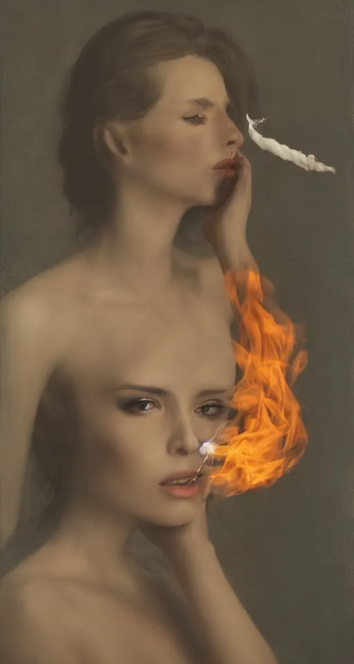 Prompt: a portrait of a beautiful woman with smoke and fire coming out of her eyes, a masterpiece