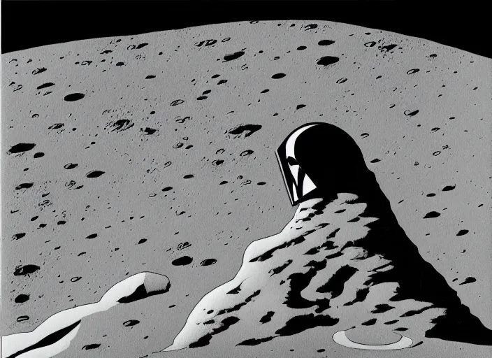 Image similar to isometric angle of moon knight standing in a crater on the moon, by ralph mcquarrie, by eyvind earle, by guillermo del toro