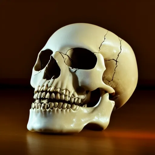 Image similar to real human skull with circular electronic eyes, emitting orange light