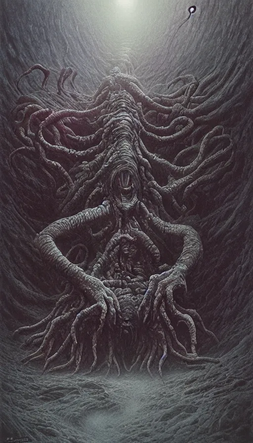 Prompt: eldritch elder god demonic monster tormentor by Zdzislaw Beksinski, Noah Bradley, Studio Ghibli