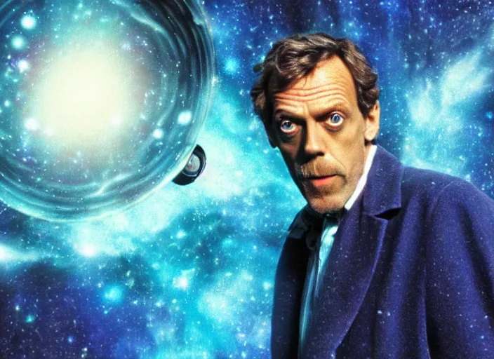 Image similar to product photo still of vhs cover of hugh laurie as doctor who in front of a nebula through the open door of the tardis on a vhs box