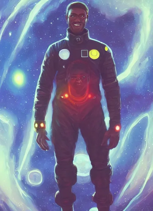 Prompt: handsome black man in an advanced spacesuit in front of exploding nebulae halos, digital illustration trending on artstation by artgerm and rutkowski