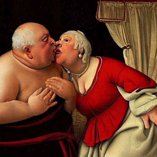 Prompt: of a very funny renaissance style oil painting of a sweet fat old woman kissing herself. symmetrical face, red mouth, blue eyes. a flowered dress. a hyper - realistic scene. 3 d, octane processing, deep focus. a very funny and sweet picture. unreal engine. watercolor. fellini cinematic style. poster quality. freud painting style.