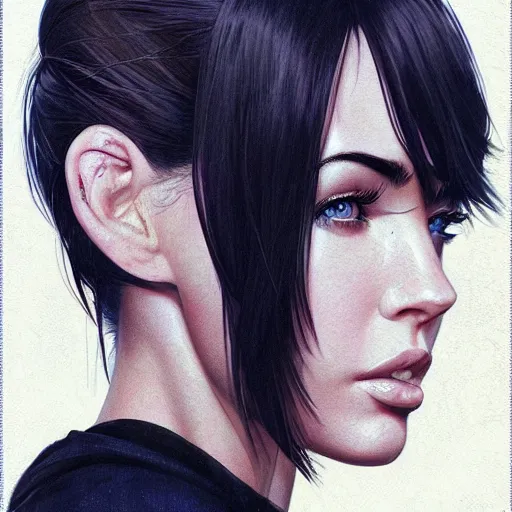 Image similar to megan fox portrait as manga girl, realistic shaded perfect face, fine details. anime. realistic shaded lighting poster by ilya kuvshinov katsuhiro otomo ghost - in - the - shell, magali villeneuve, artgerm, jeremy lipkin and michael garmash and rob rey