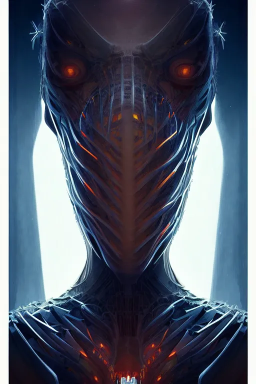 Image similar to professional concept art symmetrical portrait of a terrifying! mechanical predatory! fractal! species in a dark room by artgerm and greg rutkowski. an intricate, elegant, highly detailed digital painting, concept art, smooth, sharp focus, illustration, in the style of cam sykes.