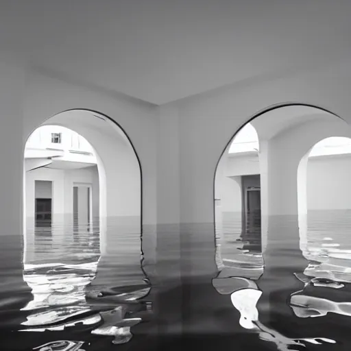 Image similar to interior of a flooded building, all white, minimalistic architecture, rounded ceiling, arched doorway, dim lights, liminal space,