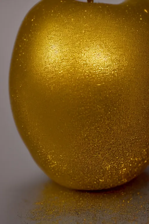 Prompt: Photo of a white marble apple partially covered in dripping gold paint, studio lighting, high resolution, award winning.