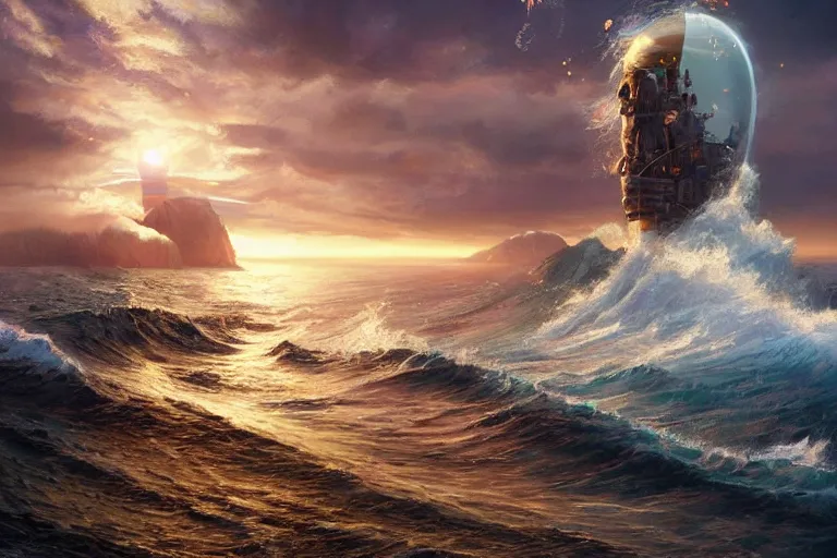 Prompt: detailed intricate digital illustration by greg rutkowski and artgerm and wlop and sanford robinson gifford ; nuclear bomb radiating bright, blinding lens flare across the horizon of a serene ocean, beautiful, glistening water and waves ; 1 3 mm film, arri alfa anamorphic lens, golden hour lighting ; sharp focus ; trending on artstation 8 k