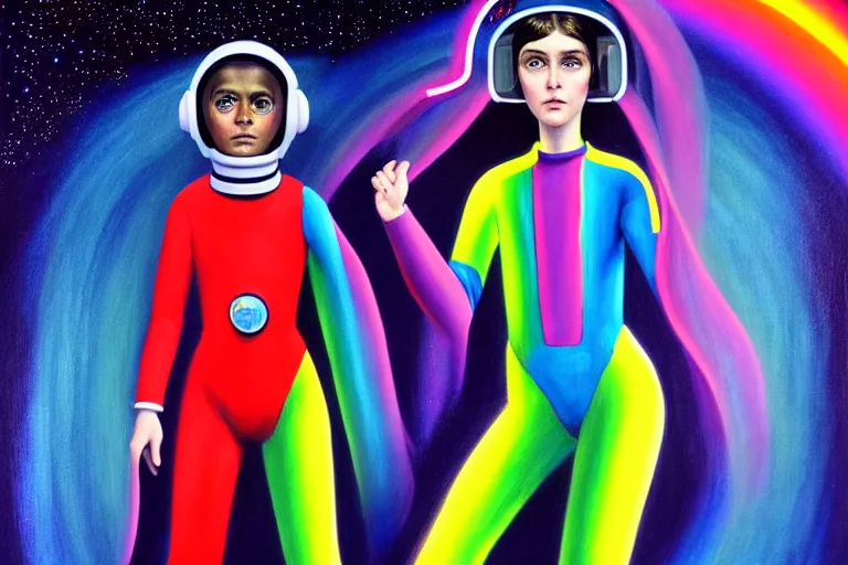 Prompt: patron saint of 🛸🌈👩🏾, futuristic astronaut jumpsuit, neon god of city character portrait, in the style of margaret keane, moebius, tom bagshaw, and waterhouse, cinematic lighting, beautiful, elegant, oil painting,