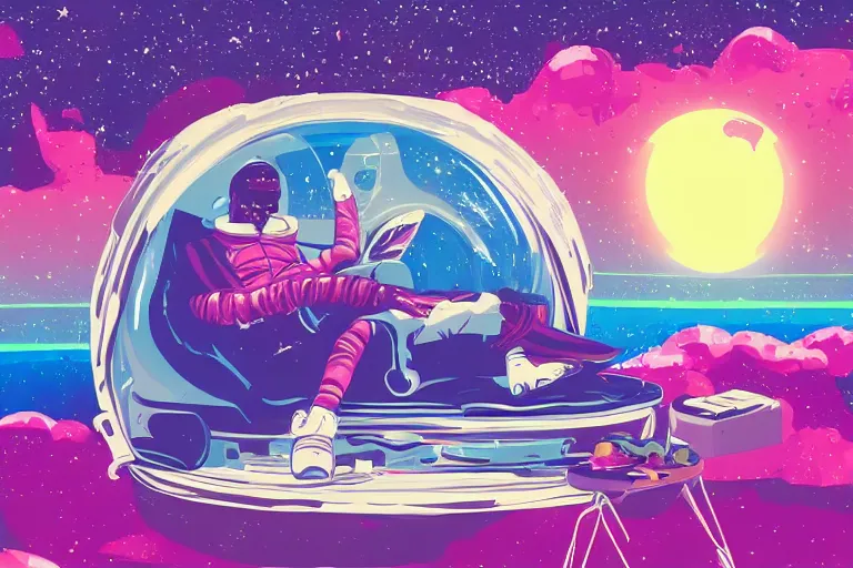 Image similar to an astronaut lounging in a tropical resort in space in a vaporwave style