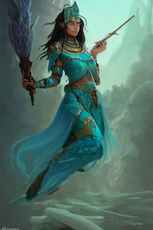 Image similar to beautiful wizard female with teal skin, full body shot, long hair made of algae, egyptian clothing, with a wooden stuff and a crossbow, d & d, fantasy, intricate, elegant, highly detailed, digital painting, artstation, concept art, matte, sharp focus, illustration, hearthstone, art by artgerm and greg rutkowski and alphonse mucha