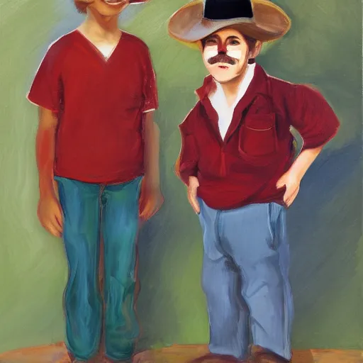 Prompt: a man with brown hair, mustache with a fedora hat, standing next to a boy with a red shirt a messy brown hair painting