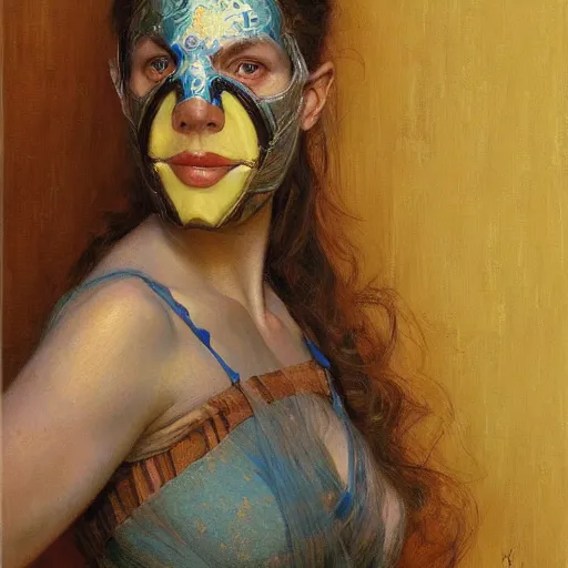 Image similar to portrait of a woman with a painted wood mask, by donato giancola.