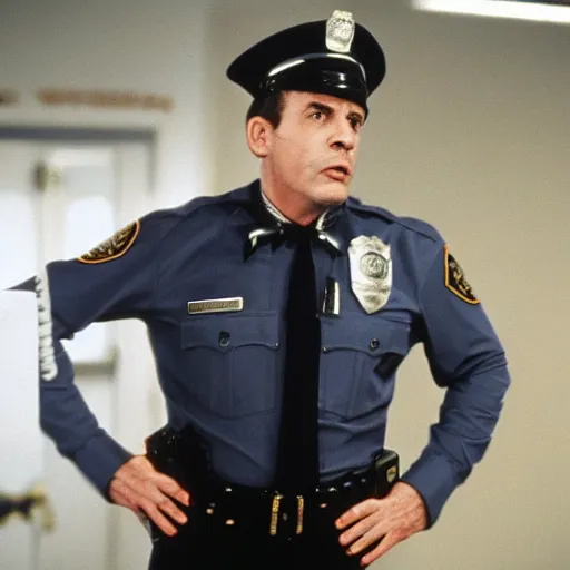 Image similar to Live Action Still of Mahoney in Police Academy (film), real life, hyperrealistic, ultra realistic, realistic, highly detailed, epic, HD quality, 8k resolution, body and headshot, film still