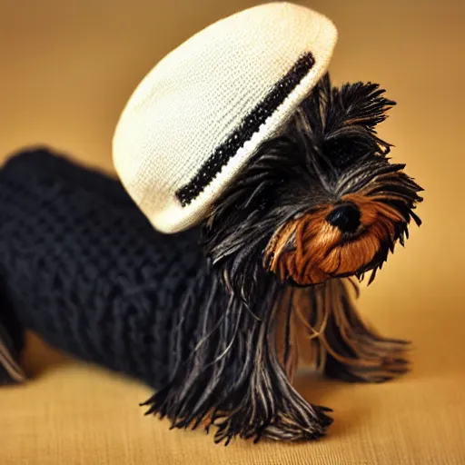 Image similar to a closeup photorealistic smiling knitted plush yorkshire terrier wearing a fedora hat.