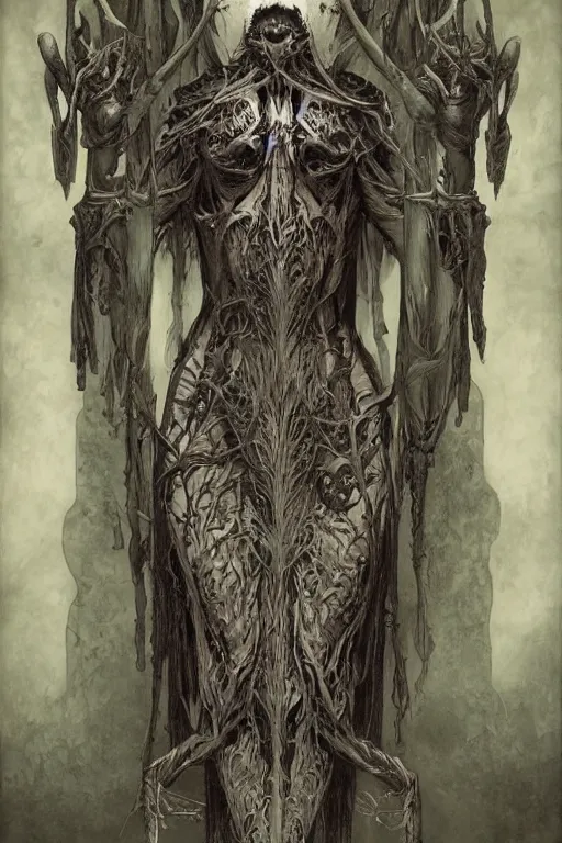 Prompt: Haunting, strange, beautiful, macabre, macabre creature, full body symmetrical, by Nekro ArstSation, Brom Art and Martin Emond