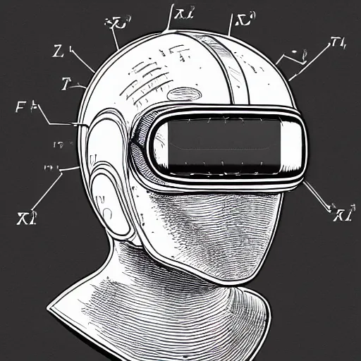 Image similar to a patent drawing of an intricate detailed vr headset from the future in the shape of a medieval knight helmet, extremely detailed alien technology vr!!! headset, with arrows and side angels