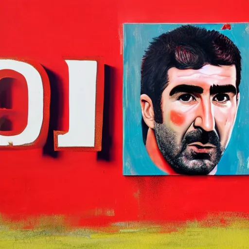 Prompt: a painting of Eric Cantona, in front of a red wall, dripping.