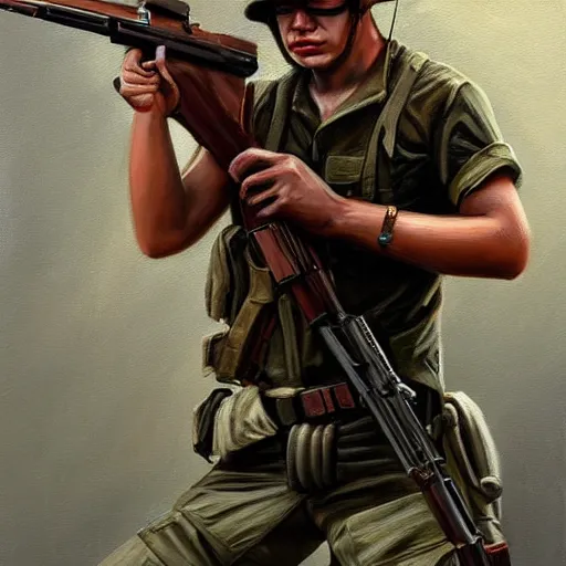 Prompt: a painting of a character fighting in the vietnam war holding a Gun by Mark Arian, high detail, hyperrealistic, concept art, artstation, 8k