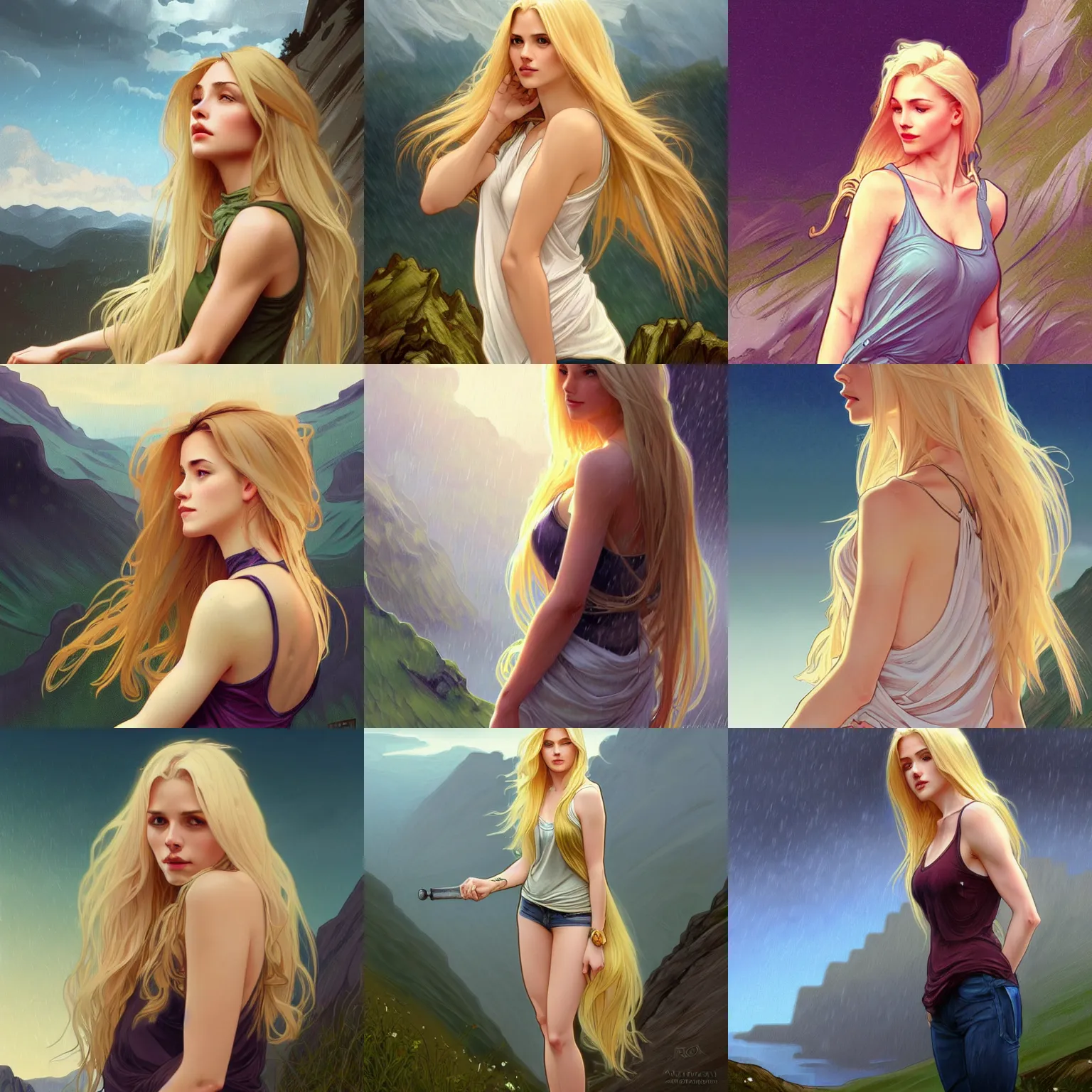 Prompt: a gorgeous woman with long light-blonde hair wearing a low cut tanktop, standing in the rain on top of a mountain, highly detailed, digital painting, artstation, concept art, illustration, art by artgerm and alphonse mucha