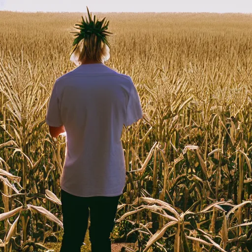 Image similar to revolog volvox photograph of a skinny blonde guy standing in a cornfield, flower crown, back view, grain, moody lighting, telephoto, 9 0 s vibe, blurry background, vaporwave colors!, faded!,