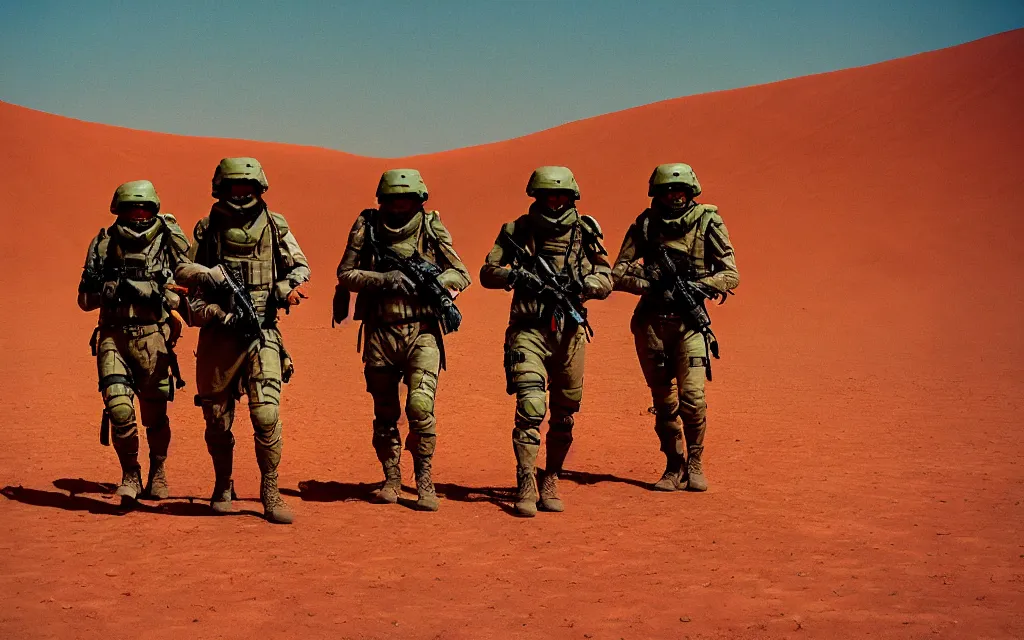 Prompt: in a dusty red desert, a team of five swat future soldiers in dark green tactical gear like death stranding and halo hike. They 're afraid. mid day, heat shimmering, color, 35mm film photography, lawrence of arabia