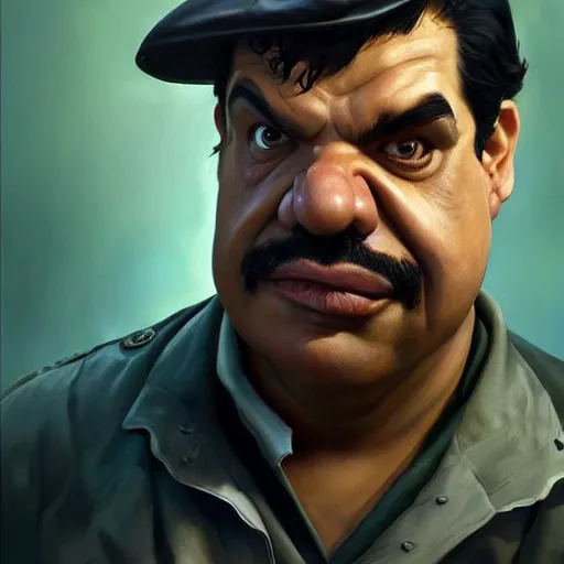 Image similar to beautifully rendered, masterpiece, caricature, claymation, luis guzman as luigi, painted by tom lovell, wlop, artgerm, dishonored 2,