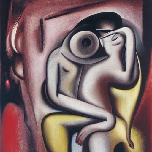 Image similar to Oil painting by Roberto Matta. Two mechanical gods kissing. Portrait by Marlene Dumas. Dali.