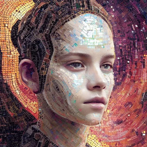 Prompt: mosaic portrait of a beautiful young girl with robot ears falling into the universe by greg rutkowski, 4k, intricate details, dichotomy