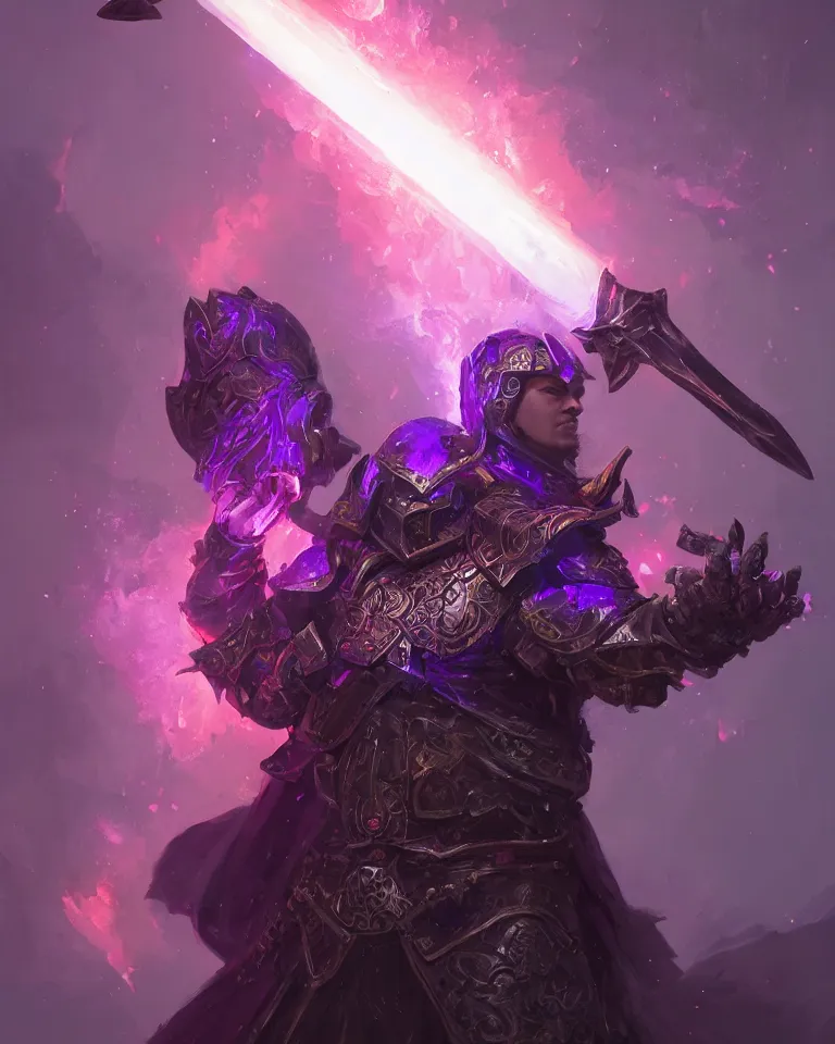 Image similar to portrait of fantasy paladin wielding a sword with purple flames, intricate baroque armour, glowing aura, trending on artstation, 4 k, greg rutkowski, concept art, matte painting