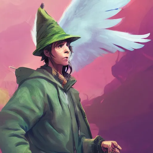 Image similar to snufkin with angel wings as apex legends character, digital illustration portrait design, by android jones and greg rutkowski, retrowave color scheme, detailed, cinematic lighting, wide angle action dynamic portrait