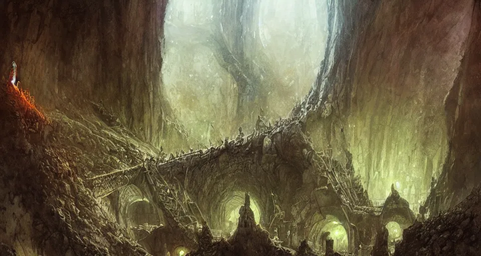 Image similar to looking up an ancient subterranean complex in middle - earth, comprising a vast labyrinthine network of tunnels, chambers, mines and halls under the misty mountain, intricate, vivid colors, elegant, highly detailed, john park, frazetta, john howe, ruan jia, jeffrey catherine jones