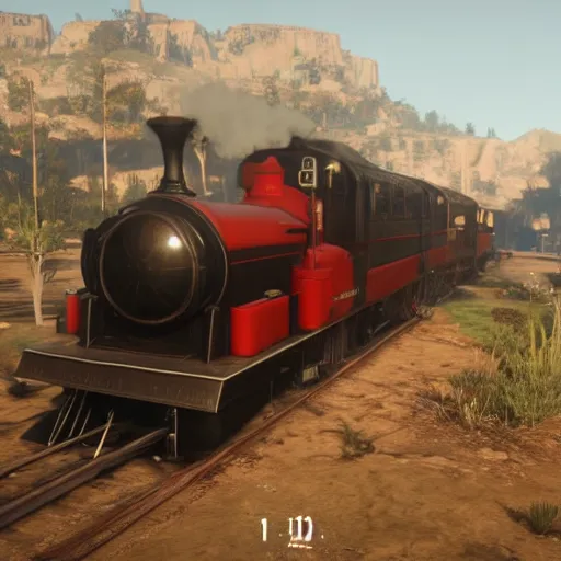 Image similar to futuristic sleek steam locomotive in red dead redemption 2