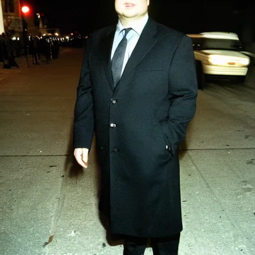 Image similar to 1 9 9 8 andy richter wearing a black wool coat and necktie in his car driving through the streets of chicago at night.