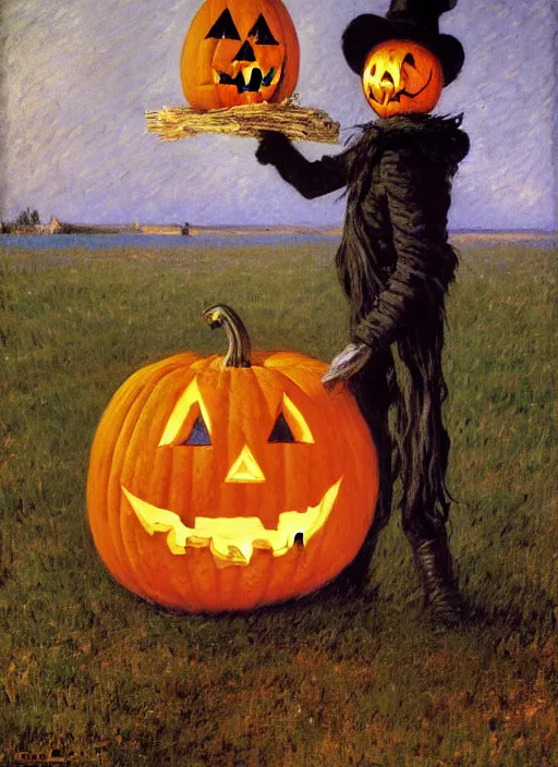 Prompt: a haunted scarecrow, holding a jack - o - lantern, as a matte oil painting and d & d character art, by gustave caillebotte, standing, fullbody, flying bats, loose pages, concept art, award - winning, extremely detailed, sharp focus