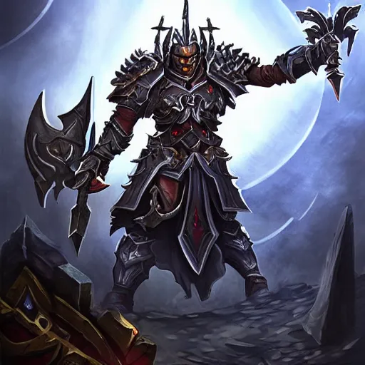 Image similar to Ares with heavy armor and sword, dark sword in Ares's hand, hearthstone art style, epic fantasy style art, fantasy epic digital art, epic fantasy card game art