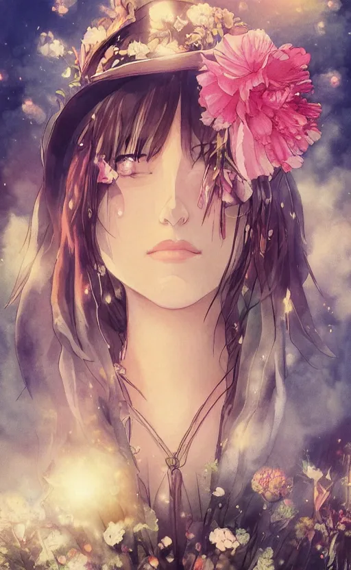 Image similar to bestselling movie poster, official media,a cinematic beautiful closeup moment of saying goodbye wearing boho poncho and sunhat with peonies, full body portrait and simple form, brutal shapes, shaman, pixiv, 1970s fashion, official anime media, cinematic lighting, artstation consept artwork by doja cat, charlie bowater, waterhouse, ,greg rutkowski, wong kar wai