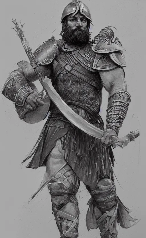 Image similar to highly detailed painting of a bearded ancient greek warrior holding a spear and wearing a helmet, a pencil sketch by jesper ejsing, trending on artstation, high fantasy, loose pencil sketch, sketchy, concept art, cinematic, white space