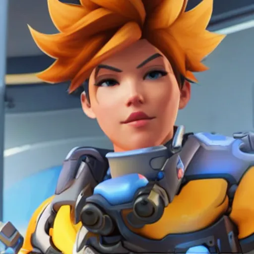 Image similar to a screenshot of tracer arnold schwarzenegger as tracer in overwatch