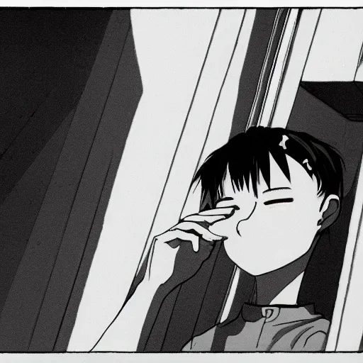 Prompt: Shinji Ikari crying outside the club cause they wouldn’t let him in, 35mm film