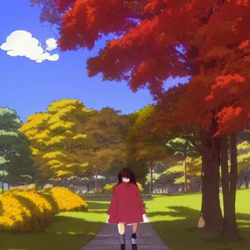 Image similar to anime visual of chubby hispanic woman wearing a yellow coat with long dark brown hair with bangs walking in the scenic park in fall, detailed, studio ghibli, exquisite lighting, clear focus, very coherent, art by hayao miyazaki,