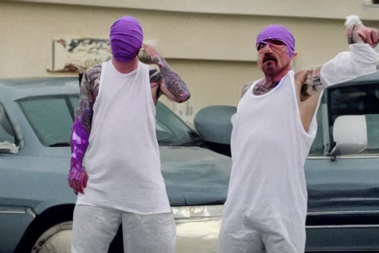 Image similar to walter white as a white gang member wearing a purple head covering made from a polyester or nylon material and a stained white tank top doing a drive - by shooting, arms covered in gang tattoo, paparazzi, leaked footage, uncomfortable, bad quality