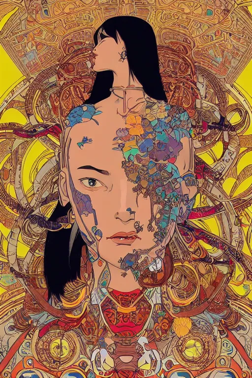 Prompt: beautiful cyborg portrait girl female illustration detailed patterns art of thai traditional dress, pop art, splash painting, art by geof darrow, ashley wood, alphonse mucha, makoto shinkai