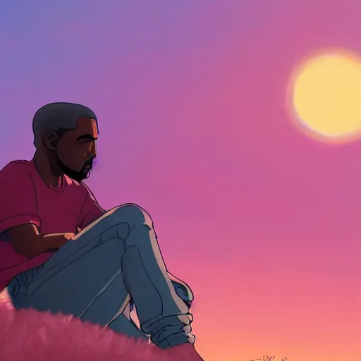 Prompt: A painting of Kanye West sitting on a hill by the sunset by Shinji Arakami, dreamy, pink skies, cloudy, melancholic, anime, cool, Ghibli-style, disney-style, extremely detailed