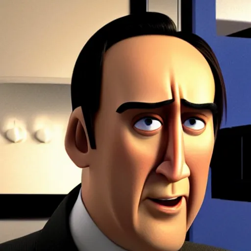 Prompt: nic cage in the incredibles, pixar,