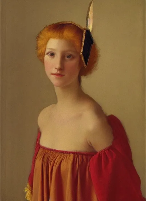 Image similar to portrait of young woman in renaissance dress and renaissance headdress, art by david hamilton