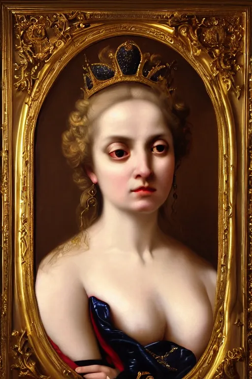 Prompt: hyper realistic painting portrait of the queen of saturn, occult diagram, elaborate details, rococo, baroque, gothic, intrincate ornaments, gold decoration, caligraphy, occult art, illuminated manuscript, oil painting, art noveau, in the style of roberto ferri, gustav moreau, waterhouse and bussiere