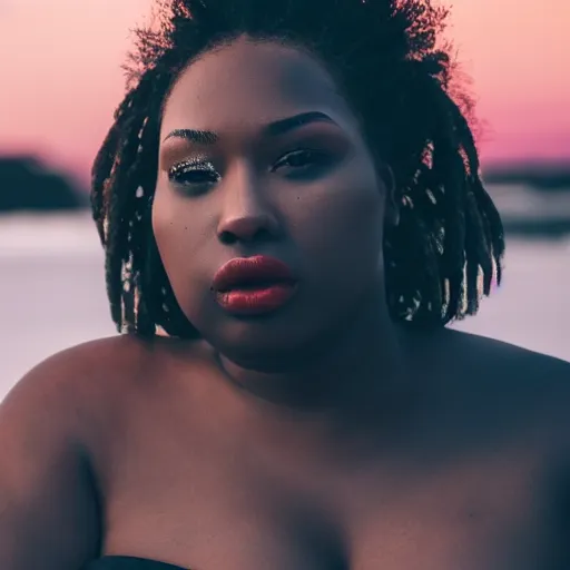 Prompt: portrait face of a curvy beautiful gorgeous black edgy model girl, bikini, big lips, she's mad, sunset, street of africa at night, 8 0 mm lens, 1. 2 aperture, grainy image, close up, cinematic light, 8 k, 4 k, very detailed, depressing atmosphere, cover magazine